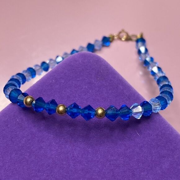 💛 Vintage 14k Gold & Blue Austrian Crystal Stacking Bracelet - Picture 1 of 4